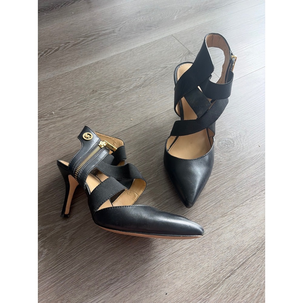 Michael Kors Black Leather Elastic Strap Pointed Toe Pumps Gold Zip Heels 8.5M